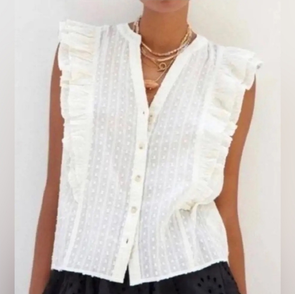 Pilcro White Sleeveless Ruffled Eyelet Button-Front Blouse